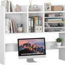 NUTIKAS Desktop Bookshelf for Computer Desk - 36" Desk Hutch Organizer with 4-Tier Paper Tray, Tabletop Storage Rack for College Dorm Room Essentials, Home Office Shelving, White
