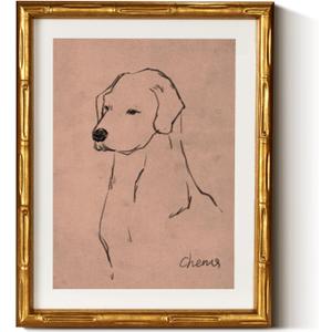 InSimSea Gold Bamboo Framed Canvas Wall Art, Minimalist Dog Sketch Animal Paintings, Antique Vintage Picture Frame with Mat, Victorian Home Wall Decor for Living Room Bedroom Gallery, 11x14inch