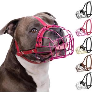 BRONZEDOG Pitbull Dog Muzzle Metal Mask Amstaff Wire Basket Pit Bull Adjustable Leather Straps for Large Dogs (Pink)