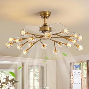 Siljoy 18 Lights Modern Crystal Ceiling Fan Light and Remote Control, Farmhouse Brass Gold Sputnik Crystal Fandelier, Reversible Ceiling Fan Light Kit for Living Dining Room Bedroom 42 Inches