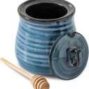 Ceramic 12 Ounce Honey Jar and Dipper Set,Porcelain Honey Pot with Lid and Wooden Dipper,Cute Honey Containers for Party,Holiday,Halloween Favors,Farmhouse Kitchen Decor,Dishwasher Safe,Blue