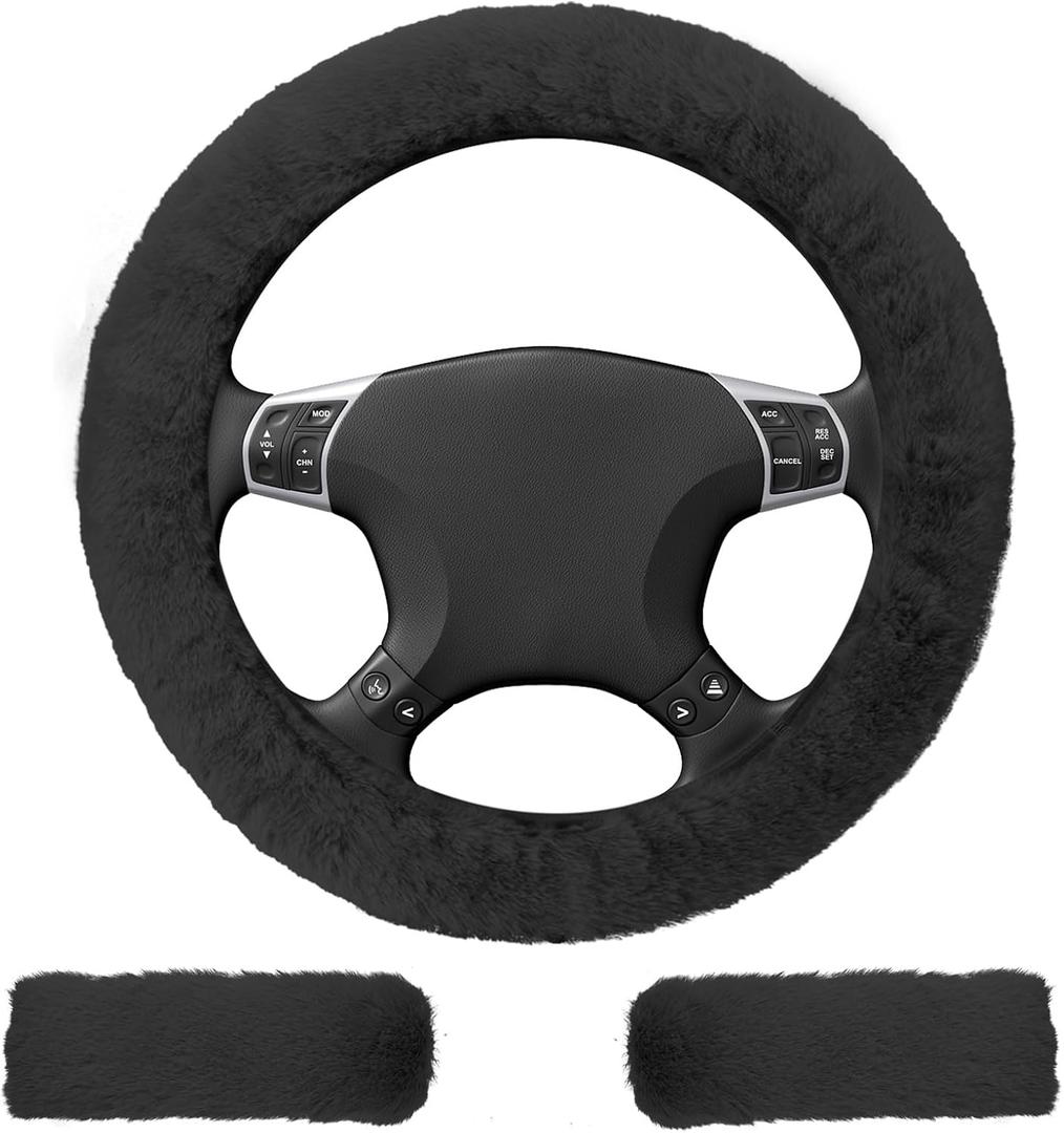 3 PCS Fluffy Steering Wheel Cover Set, 15'' Furry Car Wheel Cover, 2 Seat Belt Shoulder Pads, Anti-Slip Fur Steering Wheel Cover, Winter Warm Fluffy Car Accessories for Women, Black