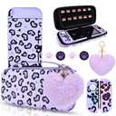 DLseego Love Heart Leopard Carrying Case for Switch 2017 Accessories Set, Portable Carrying Case with 1 Soft TPU Shell & 1PCS Plush Heart Pendant & 12 Slots & 4PCS Cat Paw Thumb Grips Caps- Purple