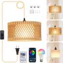 ZSLAIFU Hanging Lamp Plug in Pendant Light, 15FT Hanging Lights with Plug in Cord, Hanging Light with Bulb and Remote, Wood Shade Hanging Lamps for Bedroom, Living Room, Kitchen, Farmhouse