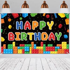 Panelee Building Block Birthday Banner Building Blocks Party Backdrop Decoration Happy Birthday Banner Photography Background for Party, 72.8 x 43.3 Inch(Black)