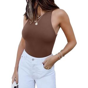 REORIA Womens Sexy Sleeveless Halter Neck Racer Back Leotard High Waist Thong Bodysuits Tank Tops Coffee Large