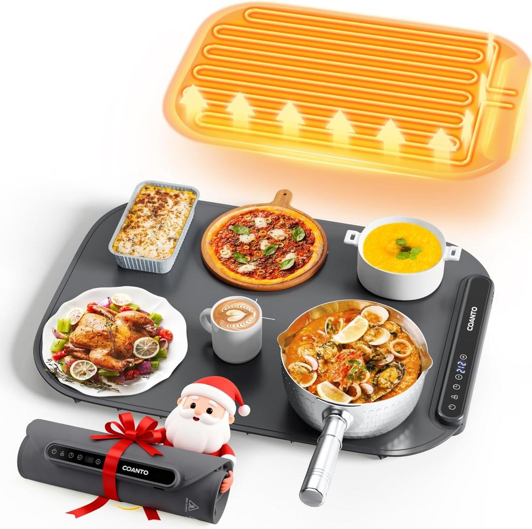 Food Warming Mat, Food Warmers for Parties Buffet, Silicone Heating Mat with 7 Temperature Settings, Roll-Up Storage, 17.91"x12.8", Grey (Dark Gray)