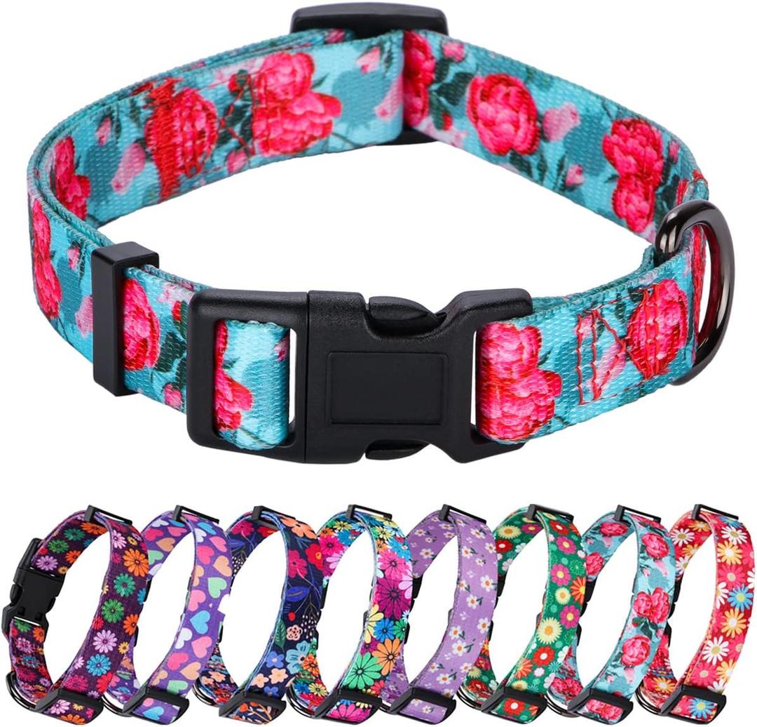 Rhea Rose Girl Dog Collars Summer Floral Rose Print, Female Flower Collar, Turquoise, Medium (M(Neck 13.1"-19", Width 3/4"))