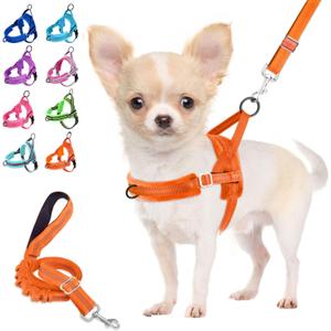 Lukovee No Pull Dog Harness and Leash Set, Soft Padded Small Dog Harness, Neck & Chest Adjustable Reflective Vest Puppy Harness with 4ft Lightweight Anti-Twist Dog Leash for Small Dogs (Orange, XS)