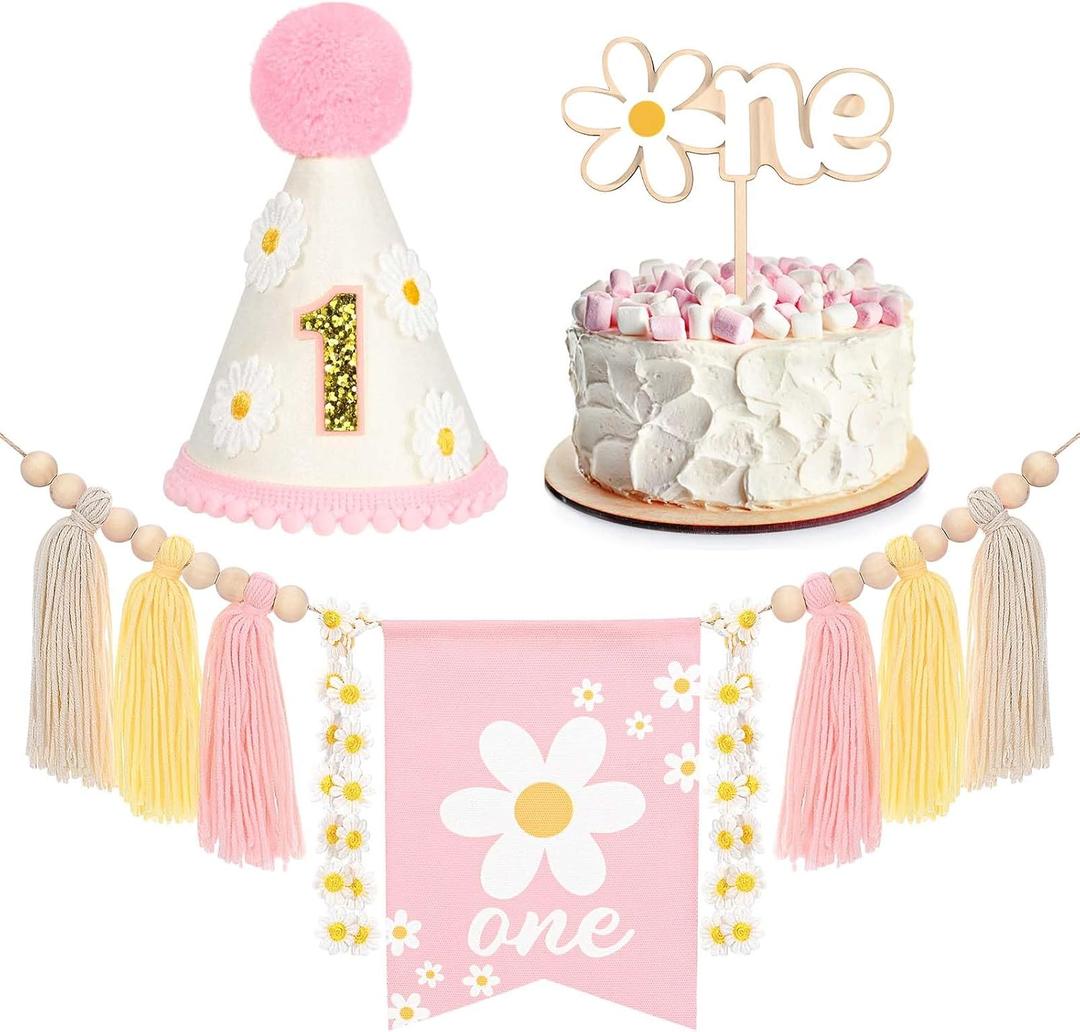 Daisy 1st Birthday Decorations Highchair Pink Floral High Chair Banner Boho Flower One Wooden Cake Topper for Pastel Flowers First Birthday Party Decorations (Daisy)