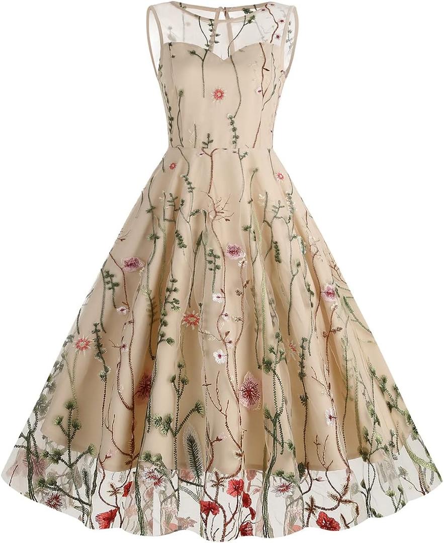 Women Keyhole Floral Embroidery Dress Sheer Mesh Illusion Vintage Cocktail Swing Dress Wedding Party Prom Tulle Evening Dress (Medium, Apricot)