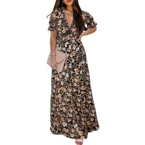 BLENCOT Womens Casual Boho Floral Printed V Neck Short Sleeve Long Evening Dress Ruched Cocktail Party Maxi Wedding Dress (Large, Black 102)