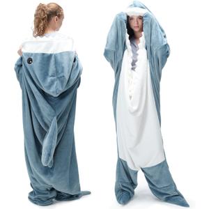 Touchat Shark Blanket for Adult Super Soft Cozy Flannel Throw Wearable Blanket, Cartoon Animals Shark Blanket Hoodie, Sleeping Bag Cosplay Shark Costume Blanket Gifts for Shark Lovers (Blue,M)