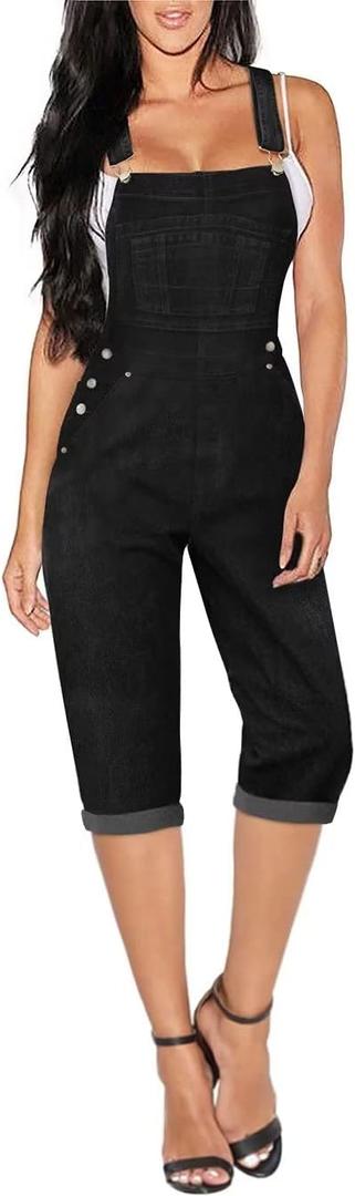 Hybrid & Company Womens Denim Bib Sleeveless Overalls Utility Rompers Capri Jumpsuit with Pockets (Medium, Qvj156998-black)