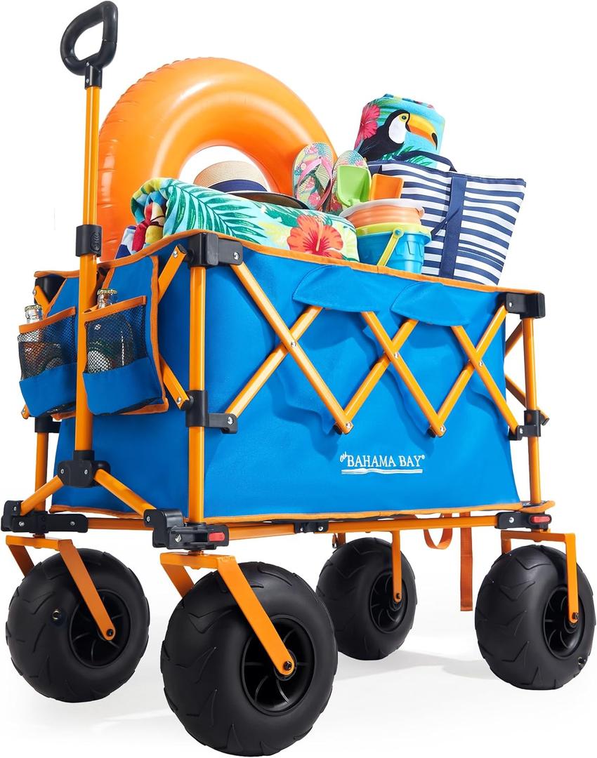 Old Bahama Bay Foldable Beach Wagon with Balloon Wheels, Heavy Duty Collapsible Wagon Cart for Soft Sand, Large Capacity Wagon with Umbrella Holder & Side Storage, 330 lbs Load Capacity
