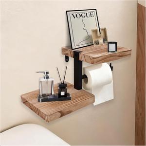 Wood Toilet Paper Holder with Shelf, Wall Mount Paper Roll Holder with Double Shelves, Farmhouse Wooden Bathroom Accessories, Home Apartment Washroom Restroom Decor Essentials (Walnut)