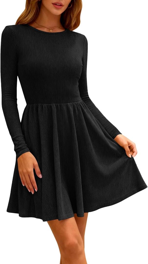 Zenlonr Women's Fall Dresses 2025 Casual Long Sleeve Ribbed Knit Crewneck Short Dress Flowy A-Line Party Dresses (Black, M)
