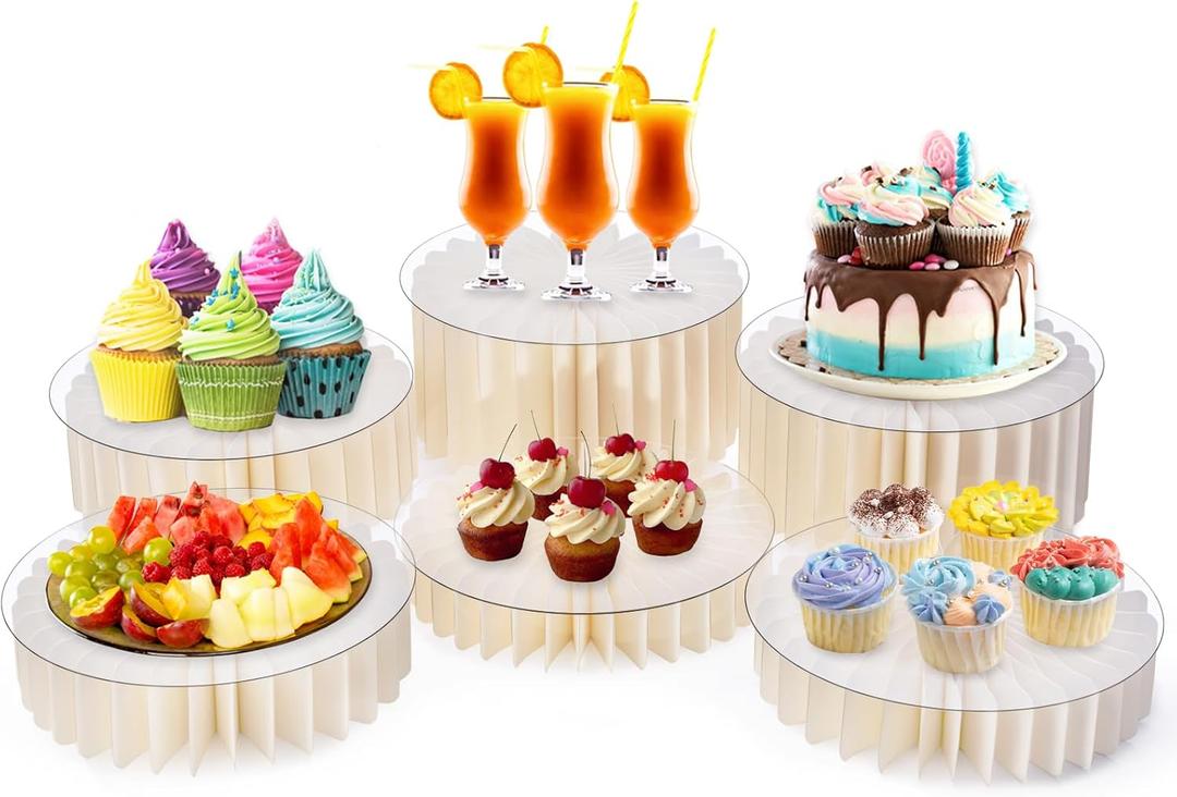 6Pcs Buffet Risers, Foldable Food Risers for Buffet Table, 12" Reusable Cardboard Display Risers Cylinder Stands with Acrylic Plates for Party, Wedding, Catering & Birthday Decor