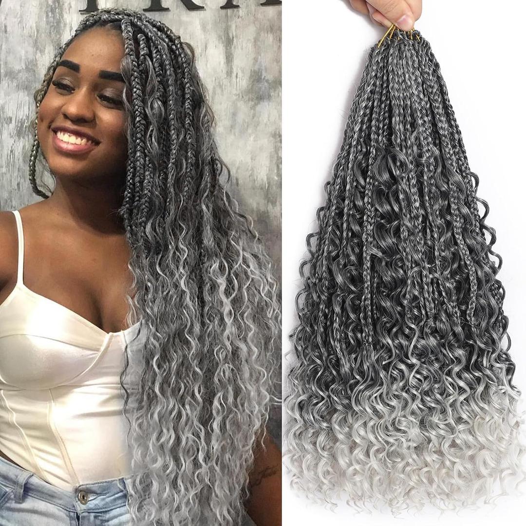 Ombre Gery Boho Box Braids With Curly Ends 18 Inch Goddess Crochet Braids Pre looped Boho Braids Crochet Hair Crochet Braids Extension for Girls