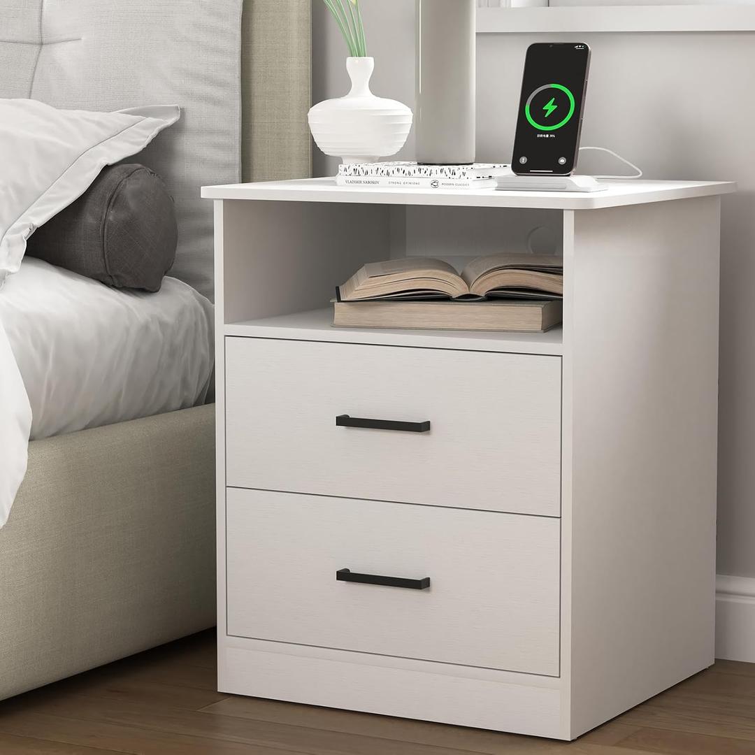 Night Stand with Charger Station, Modern Nightstand with USB Type-C Ports and AC Outlets, Large Bedside Table with 2 Drawers and Open Storage, Wooden End Table for Bedroom (White, 2 Drawers)