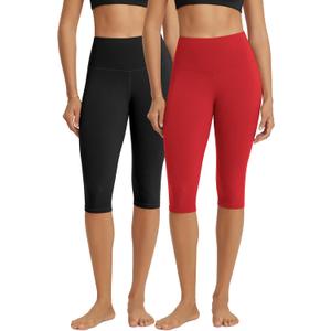 ODODOS 2-Pack High Waist Knee Length Workout Capris for Women, 14" Tummy Control Athletic Running Capri Leggings, Black+Red, Large (L)