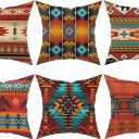 Native American Throw Pillow Covers Set of 6, Western Rustic Burnt Orange Home Decor Outdoor Tribal Ethnic Farmhouse Navajo Decorative Cushion Case 18"X18"