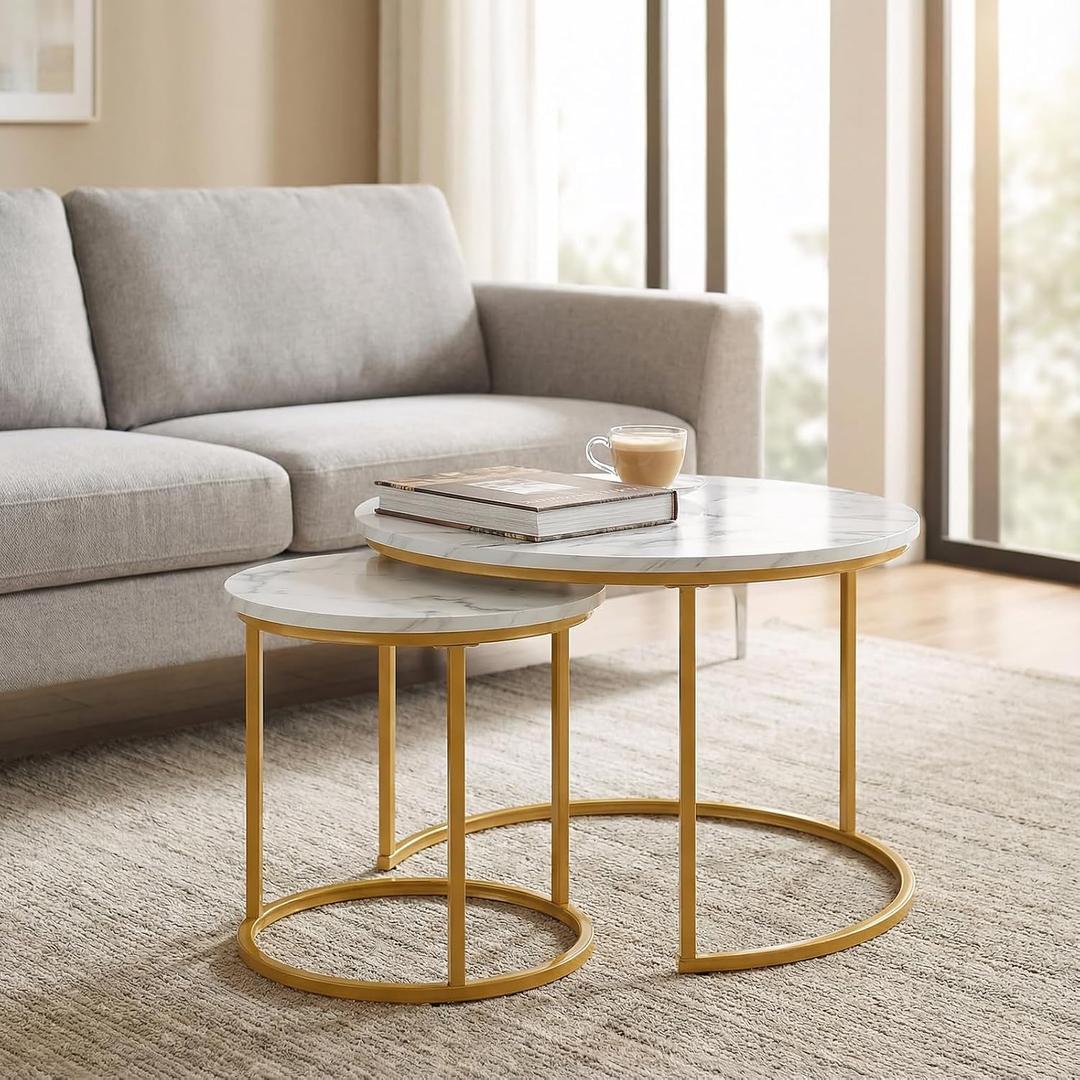 Round Nesting Coffee Table Set of 2, Modern Marble Pattern Wooden Nesting Tables, Stacking Minimalist End Table for Living Room Bedroom Small Space, White and Gold, Height: 72.39 cm