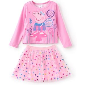Peppa Pig Girls Skirt Sets Long Sleeves Top Shirt and Skirt Fall Outfits Cute Clothing Sets for Birthday Party Toddler Girl (3-4T, Pink-1)