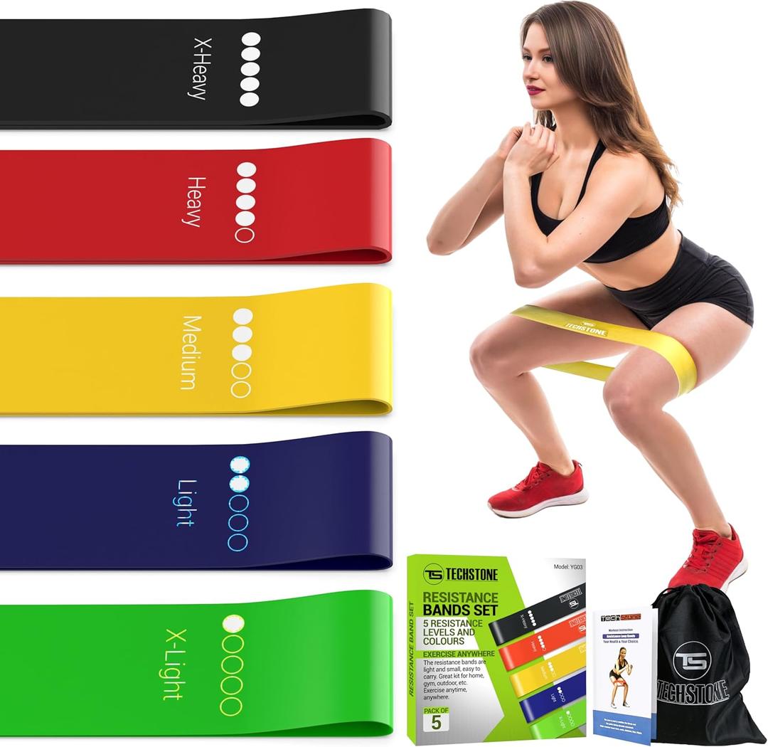 TechStone Resistance Bands Set for Men and Women, Pack of 5 Different Levels Elastic Band for Home Gym Long Exercise Workout  Great Fitness Equipment for Training, Yoga  Free Carrying Bag (Blue)