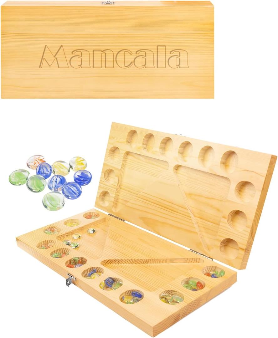 4 Players Mancala Board Game, Solid Wood Folding Mancala Board with Multi-Color Glass Stones, Mancala Family Travel Strategy Games Set with Game Instruction