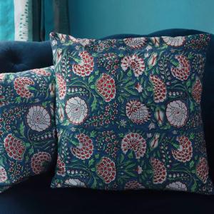 Blue Pomegranate Cushion Cover, Floral Printed Cushion, Pillow Cover, 20 x 20 Inches, Set of 2