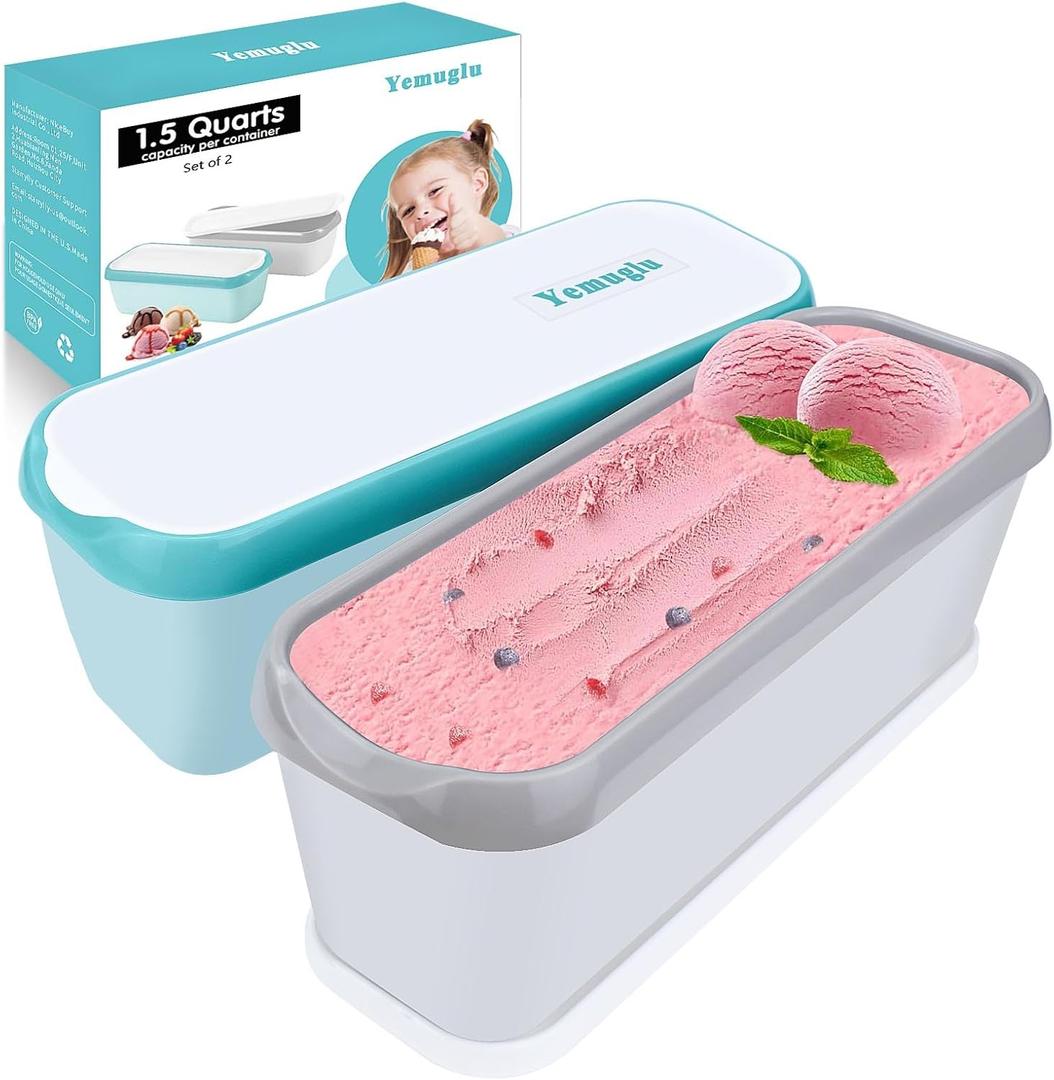 Ice Cream Containers for Homemade Ice Cream, 1.5 Quart Ea. Set of 2 Reusable for Homemade Sorbet, Frozen Yogurt Or Gelato - Stackable Storage Containers, BPA-Free And Lids Stores Easily In Freezer (mint green)