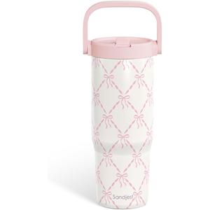 SANDJEST Bow Stainless Steel Straw Lid Tumbler 30oz with Carry Handle for Women Girls, Insulated Travel Coffee Cup, Gift for Sports Outdoor Workout Christmas Birthday