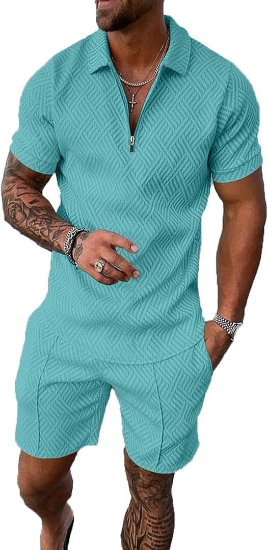 BIRW Mens Short Sets 2 Piece Outfits Polo Shirt Fashion Summer Tracksuits Casual Set Short Sleeve and Shorts Set for Men (Small, Sky Blue)