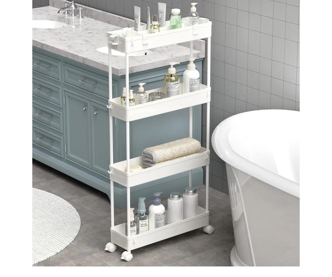 SPACELEAD Slim Storage Cart 4 Tier,Bathroom Organizer Rolling Utility, Mobile Shelving Unit Slide Out for Office, Kitchen, Laundry Room & Narrow Places,White