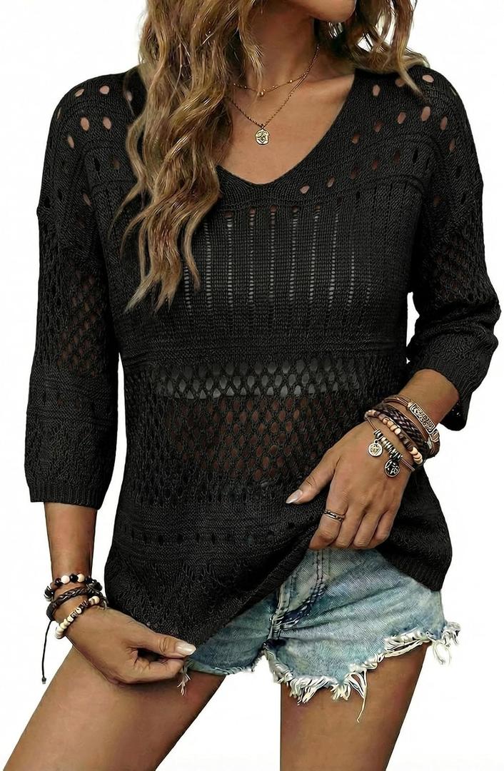EVALESS Womens Trendy 2026 Lightweight Sweaters Crochet Hollow Out Knit Tops 3/4 Sleeve Beach Vacation Clothes for Women, Black, 2XL