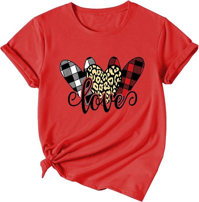 Women Casual Valentine’s Day Love Heart Graphic Letter Print T-Shirt | Funny Cute Inspirational Sayings Casual Buffalo Plaid Leopard Short Sleeve Tee, Medium