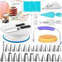RFAQK 64PCs Cake Decorating Kit with Leveler, Baking Supplies Gift Includes Cake Stand Turntable, 24 Numbered Icing Tips, 30+1 Piping Bags, 2 Frosting Spatulas, 3 Scrappers, Video Course & Booklet