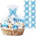PigPotParty 10 Pack 30x40 Inch Extra Large Cellophane Bags for Gift Baskets with 10 Blue Pull Bows, Thick Clear Plastic Basket Wrap for Mother's Day, Boy's Baby Shower, Wedding and Birthday