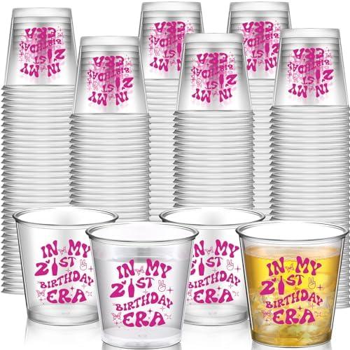 Willinglong 60 Pcs 2.87 oz 21st Birthday Decorations for Her Disposable Shot Glass, in My 21st Birthday Era Plastic Cups Anniversary Happy 21 Birthday Party Ideas Favors Gifts