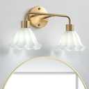2 Light Gold Brass Bathroom Light Fixture,Brush Gold Vanity Lighting Over Mirror,Cute Milk White Glass Flower Lampshade,E26 Socket(Bulbs Not Included)