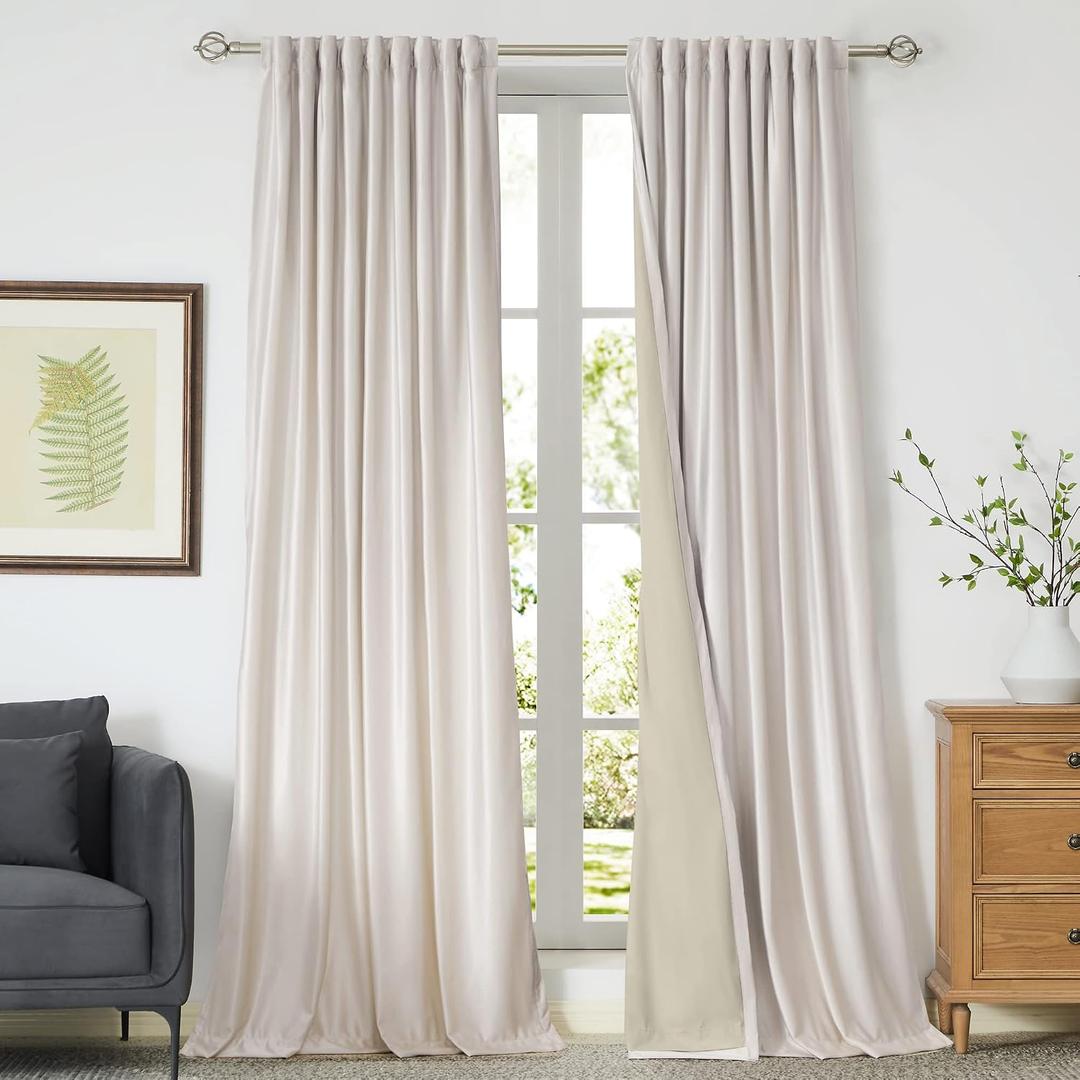 100% Blackout Ivory Off White polyester Velvet Curtains 96 inch Long for Living Room,Set of 2 Panels Liner Rod Pocket Back Tab Thermal Window Drapes Room Darkening Heavy Decorative Curtain for Bedroom