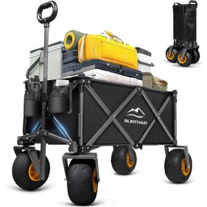 Beach Wagon, Heavy Duty Collapsible Folding Wagon with All-Terrain 9" Pneumatic Tires & Drink Holders, Utility Grocery Wagon for Garden Sports Camping Outdoor Activities (Black)