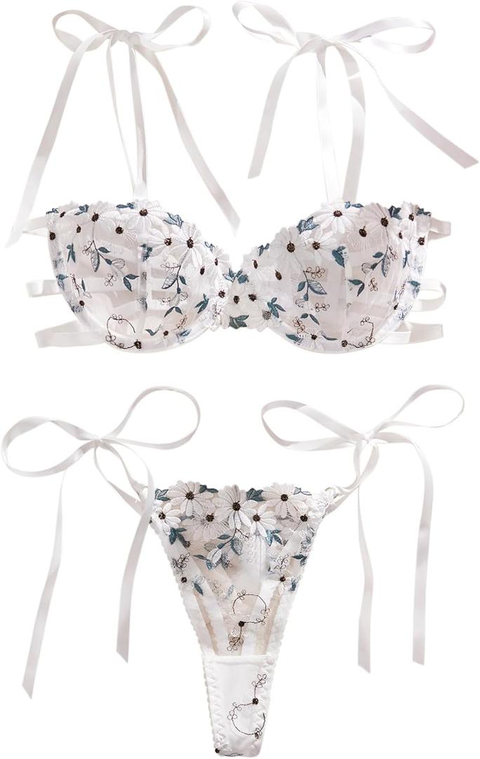 Lilosy Sexy Tie Side Embroidered Underwire Push Up Cute Strappy Mesh Sheer Bachelorette Lingerie Set (Small, Flower White)