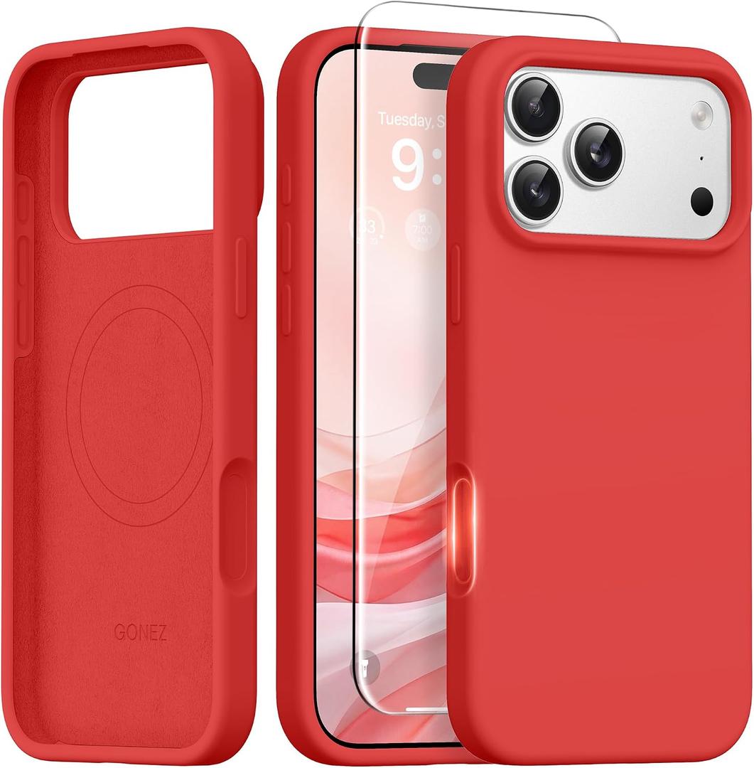 GONEZ Magnetic for iPhone 17 Pro Max Case, [Compatible with MagSafe] Anti-Scratch Microfiber Lining & Screen Protector, Silicone Camera Control, Shockproof Slim Phone Cover 6.9 inch, Red