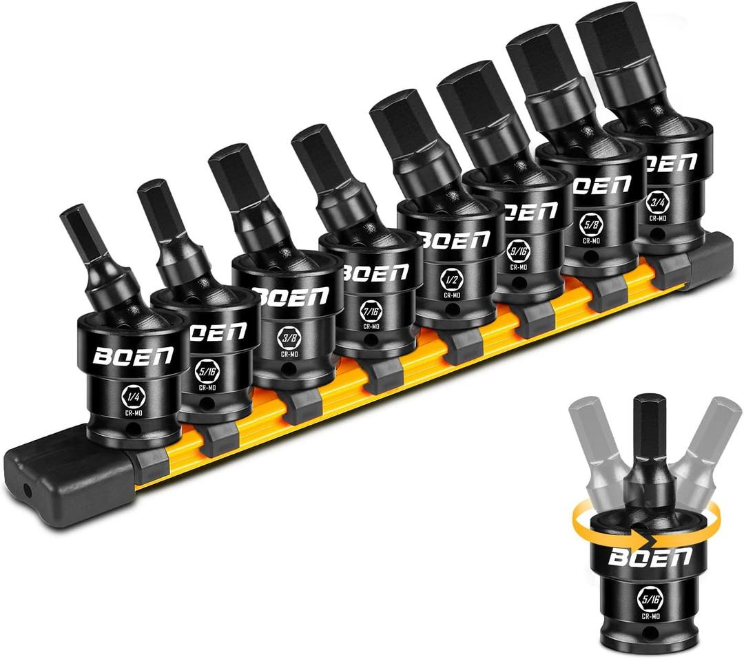 BOEN 8-Pieces Universal Hex Bit Driver Impact Socket, 1/2" Drive SAE Size (1/4", 5/16", 3/8", 7/16", 1/2", 9/16", 5/8" and 3/4") With Socket Rail, CR-MO Steel