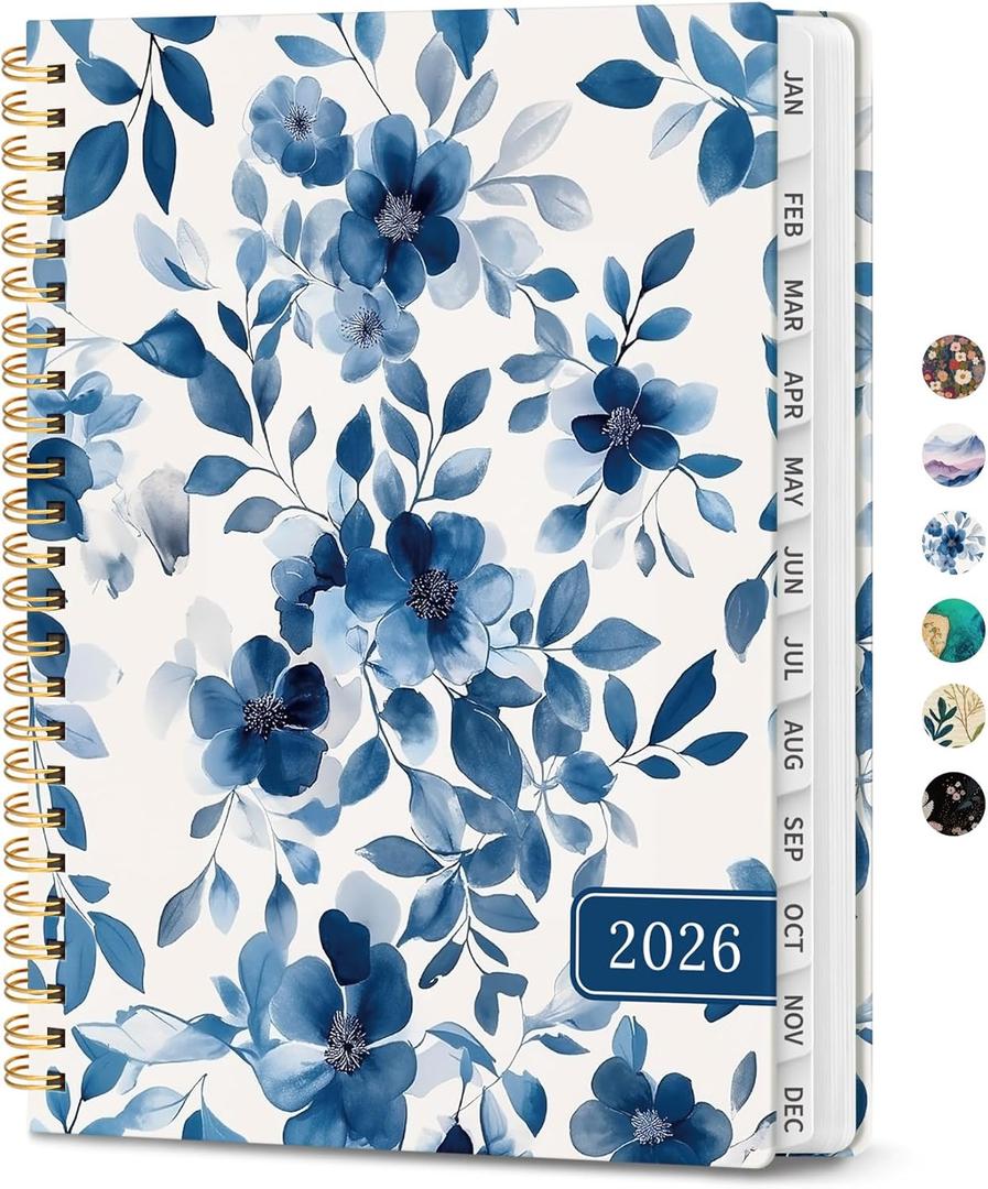 2026 Planner, Weekly and Monthly Planner for Women, January 2026 - December 2026, Hardcover 2026 Calendar Planner Book with Tabs, Inner Pocket, Spiral Bound, Perfect for Office Home School Supplies - A5 (6.3" x 8.5"), Blue Flower