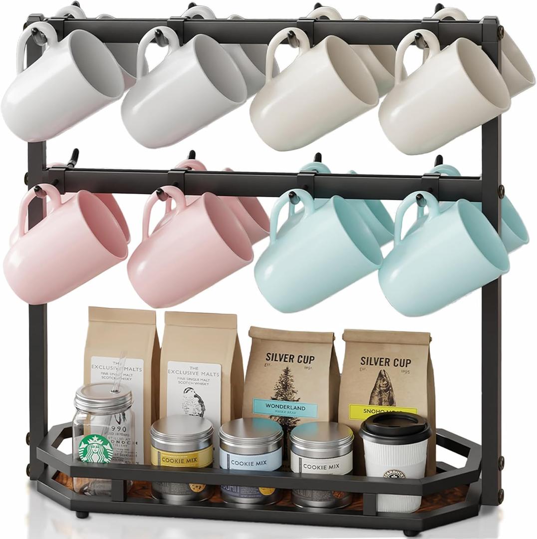 Ronjnndc Coffee Mug Holder with Movable Hooks,16 Capacity Coffee Cup Holder for Countertop, Metal Mug Tree Holder Rack with Storage Base,Home Storage Mug Organizer adjustable Heights (Black)
