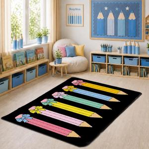3.3x4 ft Pencil Bow Classroom Rug Pencil Bowknot Play Carpet Educational Area Rug Colorful Play Mat Non-Slip Back to School Floor Mat for Teaching Playroom Nursery Daycare Home Decor