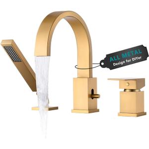 Brass Roman Tub Faucet with Sprayer, Deck Mount Bathtub Faucet with Hand Shower, 3 Hole Waterfall Faucet with 360 Spout, Single Handle Tub Filler with 8 GPM High Flow, Brushed Gold